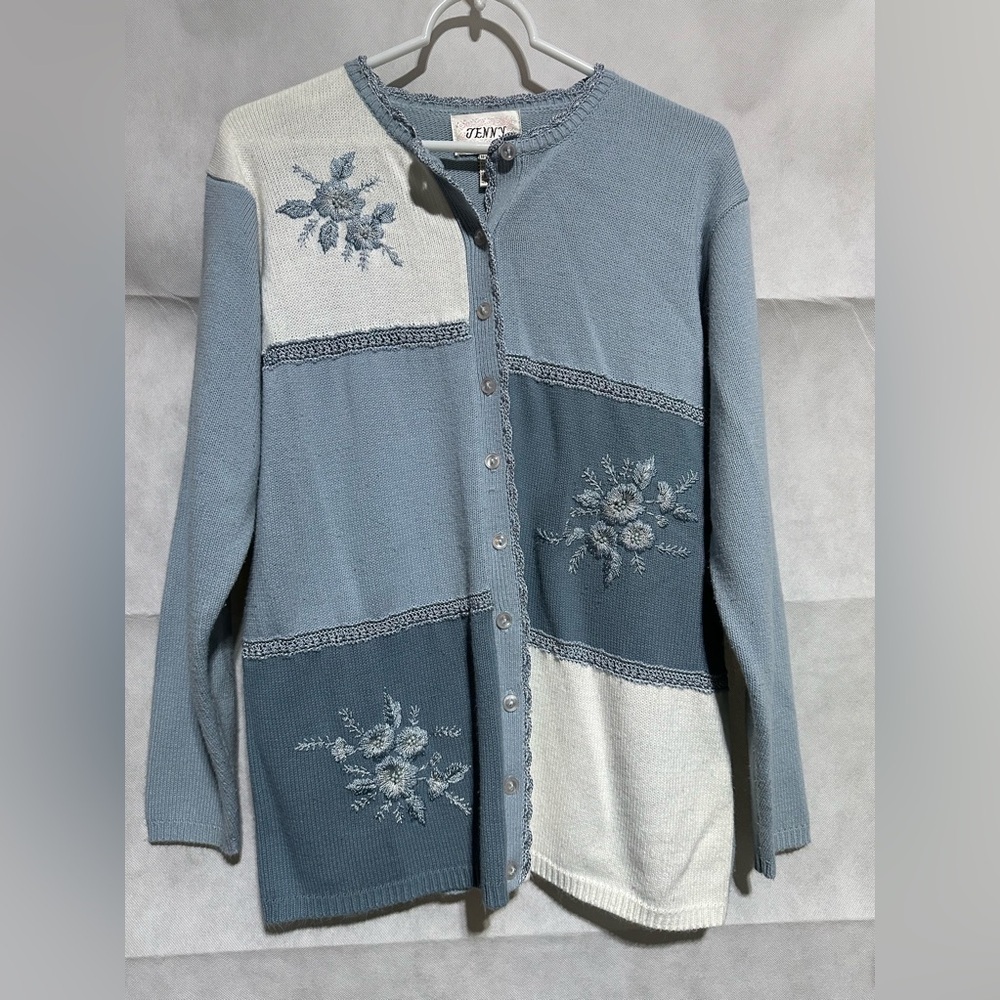 JENNY Vintage Floral Embroidered Beaded Crochet Cottage Sweater Cardigan Large